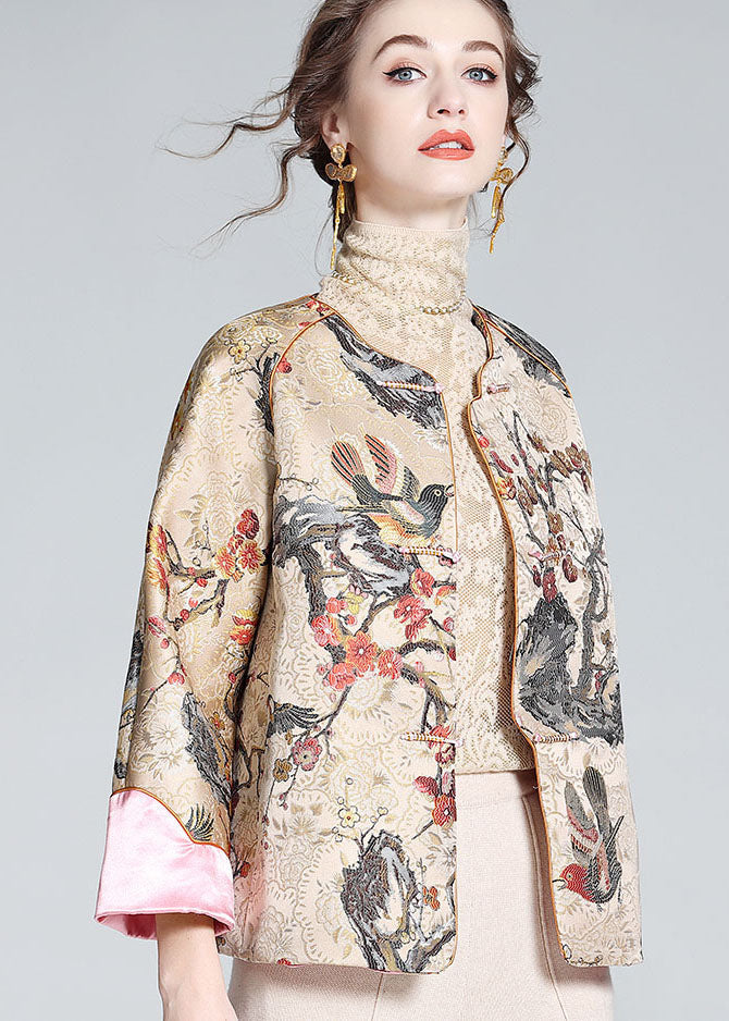 DIY Apricot O-Neck Embroideried Patchwork Chinese Button Silk Coats Spring LY0145