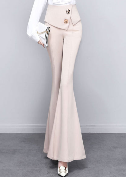 DIY Beige Button Solid High Waist Draping Bell Bottomed Trousers Spring LY0171