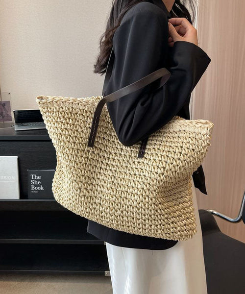DIY Beige Zip Up Patchwork Straw Woven Satchel Bag Handbag LY1391