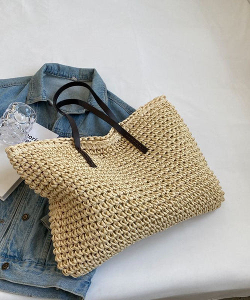 DIY Beige Zip Up Patchwork Straw Woven Satchel Bag Handbag LY1391
