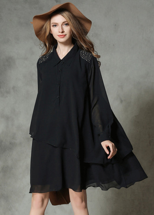 DIY Black Asymmetrical Design Rivet Chiffon A Line Dresses Spring LY0288