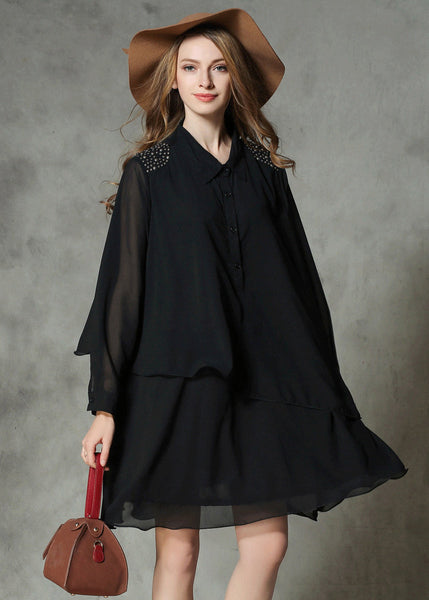 DIY Black Asymmetrical Design Rivet Chiffon A Line Dresses Spring LY0288