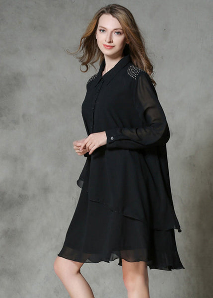 DIY Black Asymmetrical Design Rivet Chiffon A Line Dresses Spring LY0288