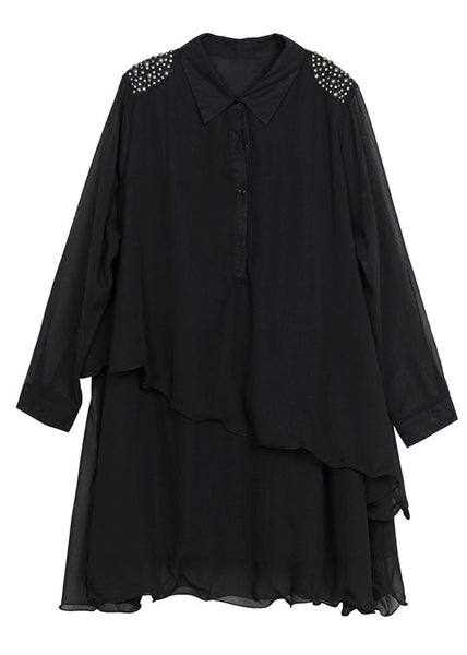 DIY Black Asymmetrical Design Rivet Chiffon A Line Dresses Spring LY0288