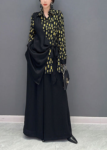 DIY Black Asymmetrical Patchwork Tie Waist Silk Two Pieces Set Spring LY1585