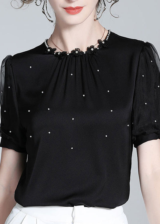 DIY Black O-Neck Silk Nail Bead Shirts Summer AC3012