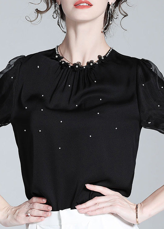 DIY Black O-Neck Silk Nail Bead Shirts Summer AC3012