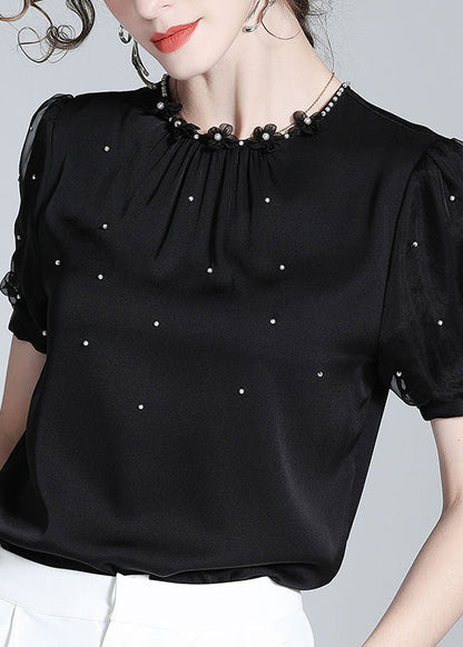 DIY Black O-Neck Silk Nail Bead Shirts Summer AC3012