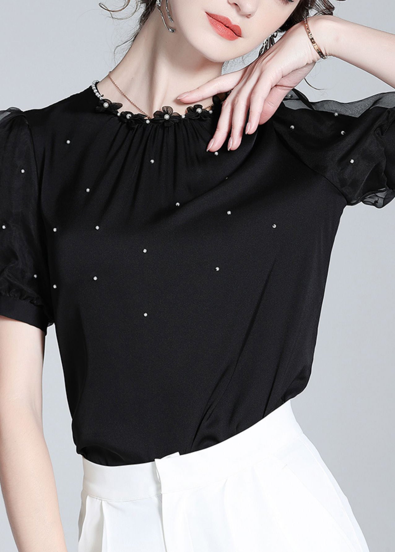 DIY Black O-Neck Silk Nail Bead Shirts Summer AC3012