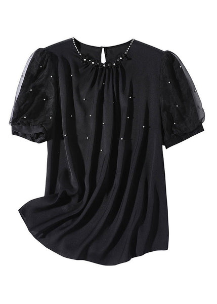 DIY Black O-Neck Silk Nail Bead Shirts Summer LY0706