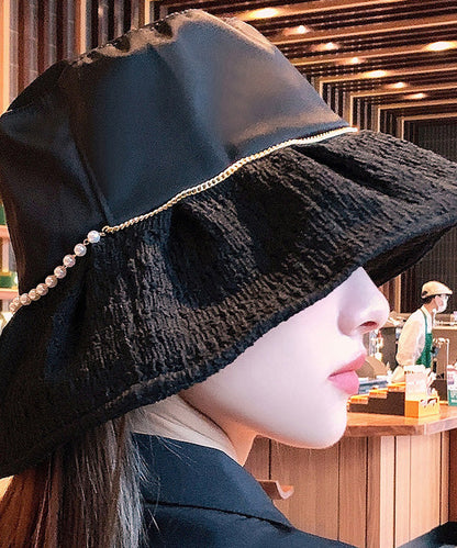 DIY Black Patchwork Pearl Organza Bucket Hat LY503