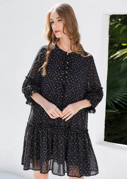 DIY Black Ruffled Print Chiffon Shirt Dresses Bracelet Sleeve LY0266