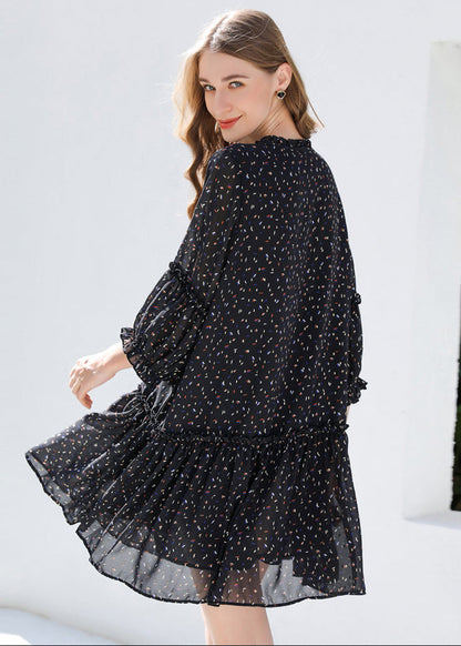 DIY Black Ruffled Print Chiffon Shirt Dresses Bracelet Sleeve LY0266