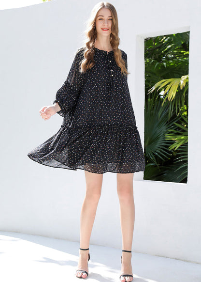 DIY Black Ruffled Print Chiffon Shirt Dresses Bracelet Sleeve LY0266