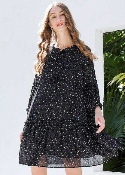 DIY Black Ruffled Print Chiffon Shirt Dresses Bracelet Sleeve LY0266