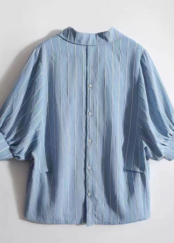 DIY Blue Striped Peter Pan Collar Patchwork Silk Shirt Top Summer TQ1065