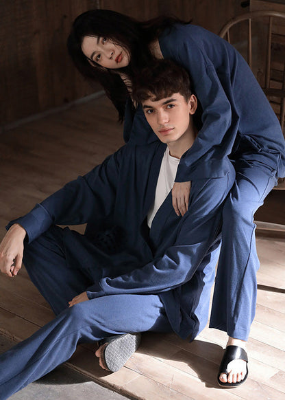 DIY Blue V Neck Tie Waist Cotton Pajamas Two Pieces Set Long Sleeve LY1897