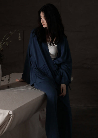 DIY Blue V Neck Tie Waist Cotton Pajamas Two Pieces Set Long Sleeve LY1897