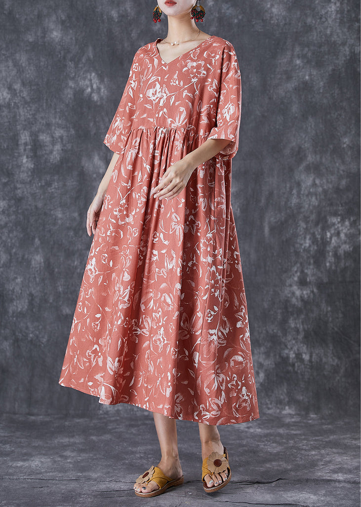 DIY Brick Red V Neck Print Linen Maxi Dress Summer TD1035