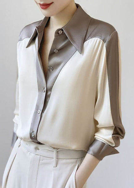DIY Colorblock Peter Pan Collar Patchwork Silk Shirt Spring LY0350