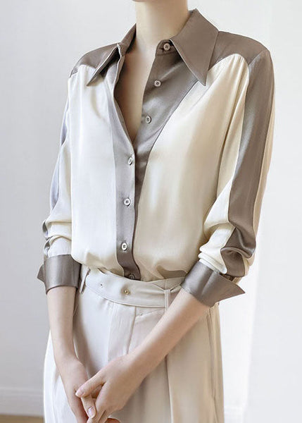 DIY Colorblock Peter Pan Collar Patchwork Silk Shirt Spring LY0350