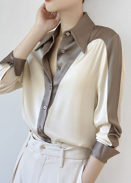 DIY Colorblock Peter Pan Collar Patchwork Silk Shirt Spring LY0350