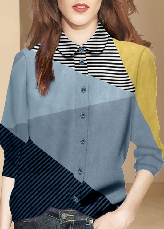DIY Colorblock Peter Pan Collar Patchwork Striped Cotton Top Spring LY0310