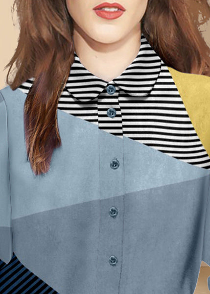 DIY Colorblock Peter Pan Collar Patchwork Striped Cotton Top Spring LY0310