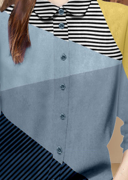 DIY Colorblock Peter Pan Collar Patchwork Striped Cotton Top Spring LY0310