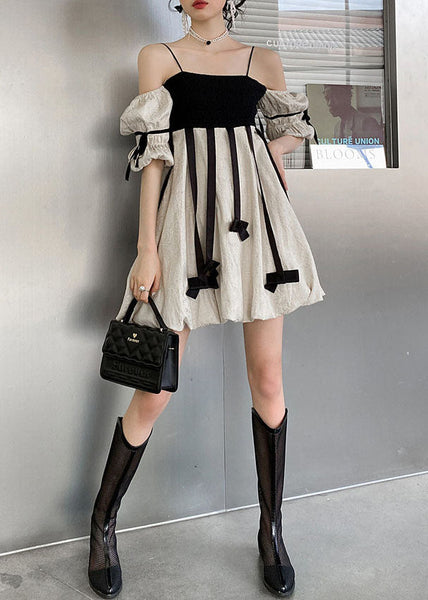 DIY Colorblock Tasseled Patchwork Off The Shoulder Cotton Mini Dress Summer LY0783