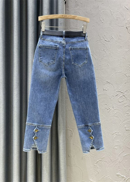 DIY Denim Blue High Waist Sashes Crop Pants Summer TY1070