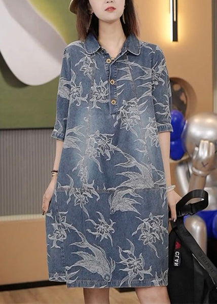 Robe mi-longue à manches courtes, imprimée, col Claudine, en jean bleu, à boutons, DIY TY1002