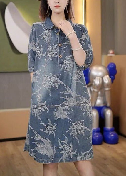 Robe mi-longue à manches courtes, imprimée, col Claudine, en jean bleu, à boutons, DIY TY1002
