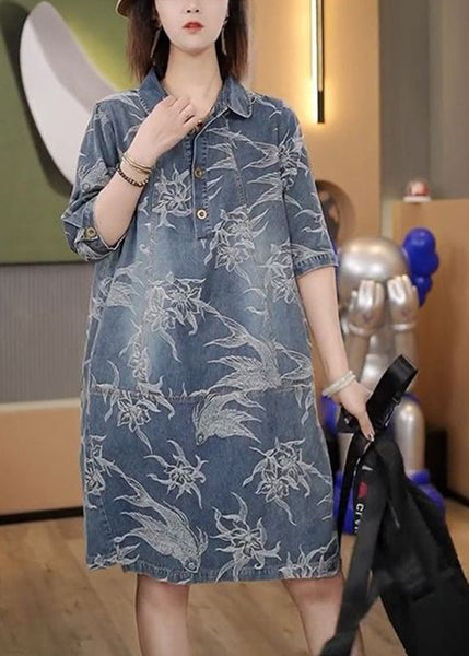 Robe mi-longue à manches courtes, imprimée, col Claudine, en jean bleu, à boutons, DIY TY1002