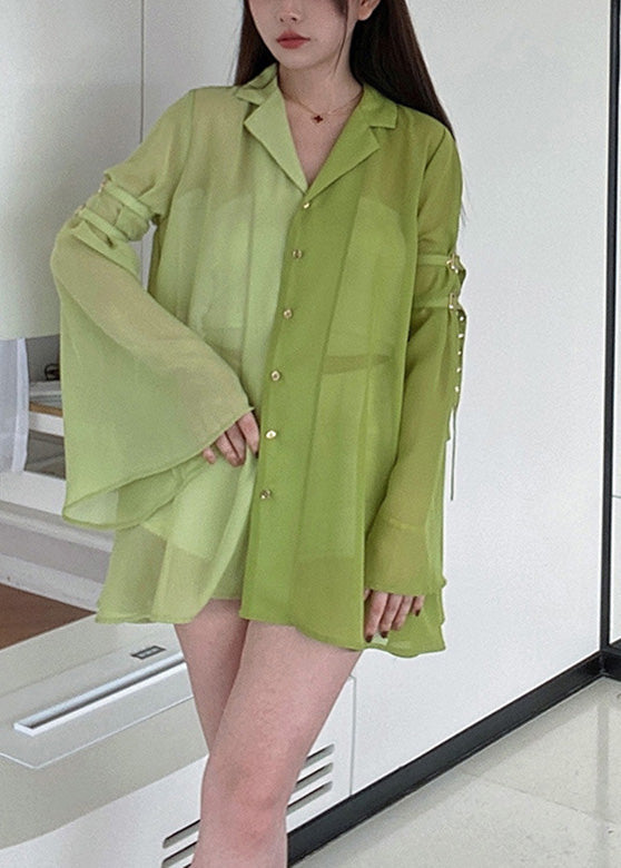 DIY Green Notched Patchwork Chiffon Shirt Spring LY0792