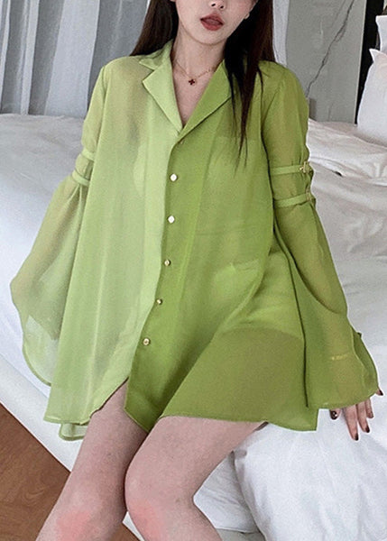 DIY Green Notched Patchwork Chiffon Shirt Spring LY0792