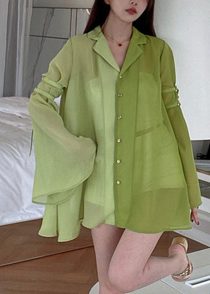 DIY Green Notched Patchwork Chiffon Shirt Spring LY0792