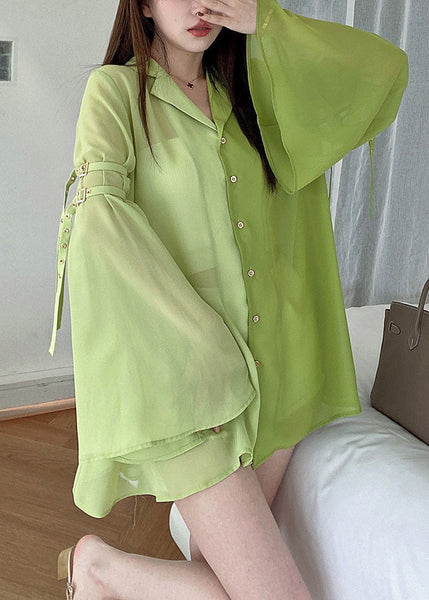 DIY Green Notched Patchwork Chiffon Shirt Spring LY0792