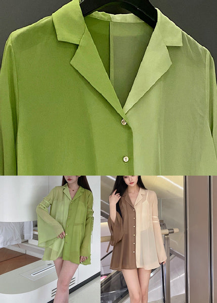 DIY Green Notched Patchwork Chiffon Shirt Spring LY0792