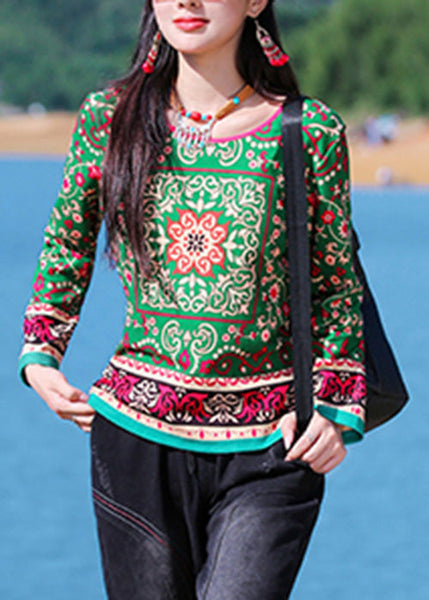 DIY Green O-Neck Print Top Long Sleeve LY0184