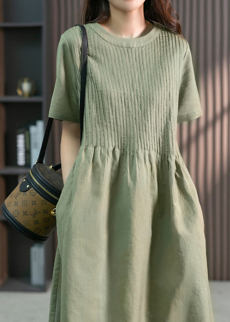 DIY Green O-Neck Wrinkled Solid Linen Maxi Dress Short Sleeve LY1763