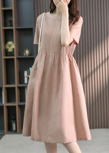DIY Green O-Neck Wrinkled Solid Linen Maxi Dress Short Sleeve LY1763