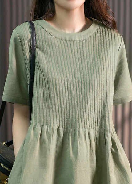 DIY Green O-Neck Wrinkled Solid Linen Maxi Dress Short Sleeve LY1763