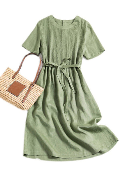 DIY Green O-Neck Wrinkled Solid Linen Maxi Dress Short Sleeve LY1763