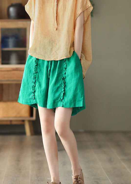 DIY Green Pockets Ruffled Patchwork Linen Hot Pants Summer LY0633