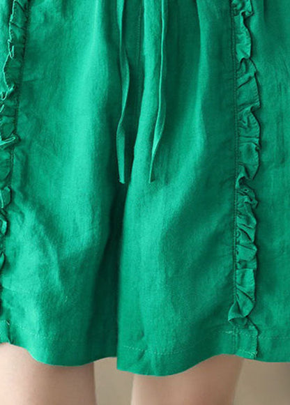 DIY Green Pockets Ruffled Patchwork Linen Hot Pants Summer LY0633