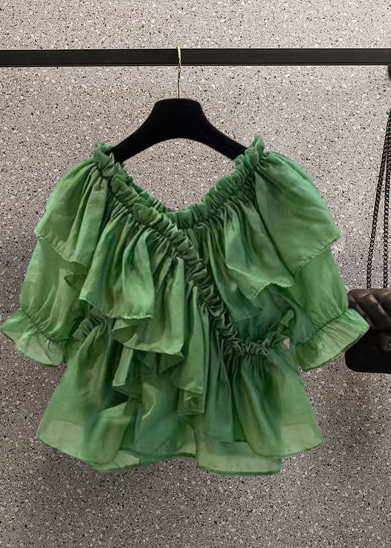 DIY Green Ruffled Patchwork Chiffon Blouses Summer LY0611