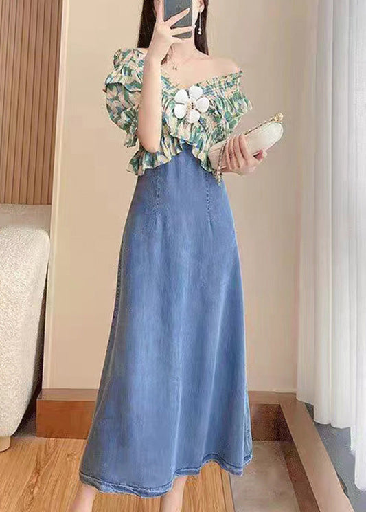 DIY Green Slash Neck Print Patchwork Denim Long Dress Short Sleeve TY1086