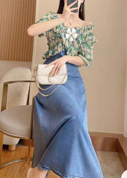 DIY Green Slash Neck Print Patchwork Denim Long Dress Short Sleeve TY1086