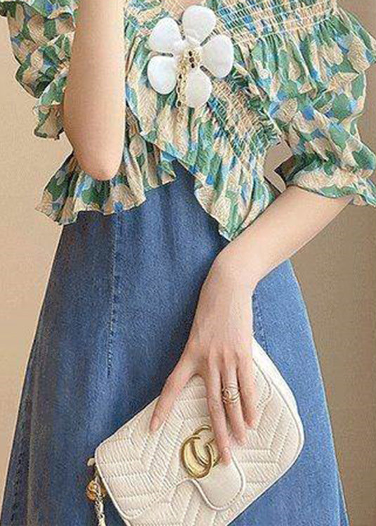 DIY Green Slash Neck Print Patchwork Denim Long Dress Short Sleeve TY1086